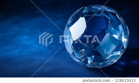 Crystal soccer ball on a dark blue background with the bright light on the edges.  128013013