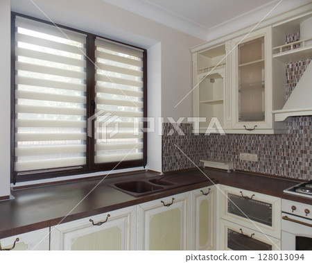 Kitchen Window with Double Roller Shades (Zebra Blinds) for Light Control 128013094