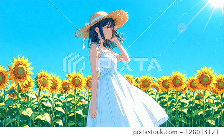 Woman standing in sunflower field 128013121