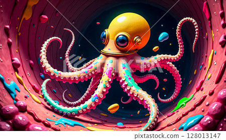 A colorful octopus with its tentacles spread out. The scene featuring a colorful octopus in a diving helmet is a surreal, colorful environment filled with various spherical and star-shaped objects. A colorful octopus with its tentacles spread out. The scene featuring a colorful octopus in a diving helmet is a surreal, colorful environment filled with various spherical and star-shaped objects. 128013147