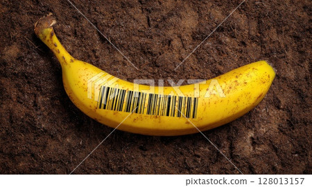 Yellow Banana Featuring Barcode Symbol on Soil Background Unique Concept 128013157