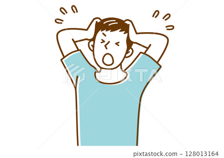 Illustration of a young man holding his head in shock 128013164