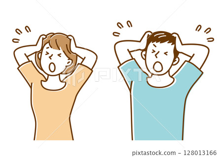 Illustration of a young man and young woman holding their heads in shock 128013166