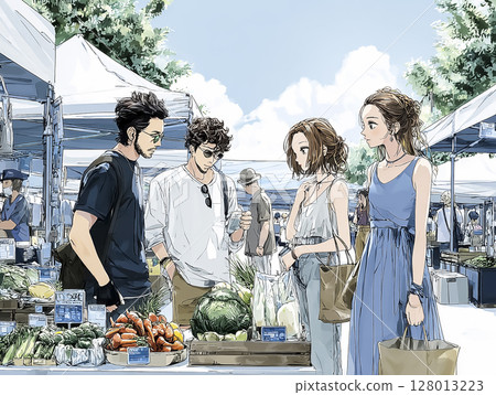 Illustration of people buying vegetables at an outdoor market 128013223