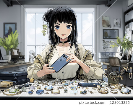 Illustration material of a woman decorating her smartphone 128013225