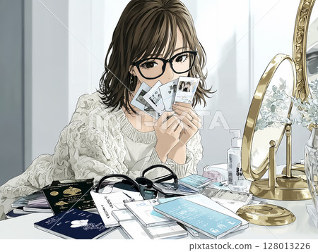 Flag face: Illustration of a woman struggling with her facial expression 128013226