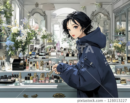 一位女士購買化妝品的插圖素材 128013227
