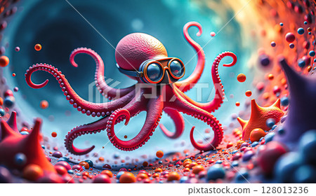 A colorful octopus with its tentacles spread out. The scene featuring a colorful octopus in a diving mask is a surreal, colorful environment filled with various spherical and star-shaped objects. A colorful octopus with its tentacles spread out. The scene featuring a colorful octopus in a diving mask is a surreal, colorful environment filled with various spherical and star-shaped objects. 128013236