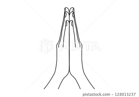 Simple line drawing vector illustration of a gesture of hands together in prayer seen from the front 128013237