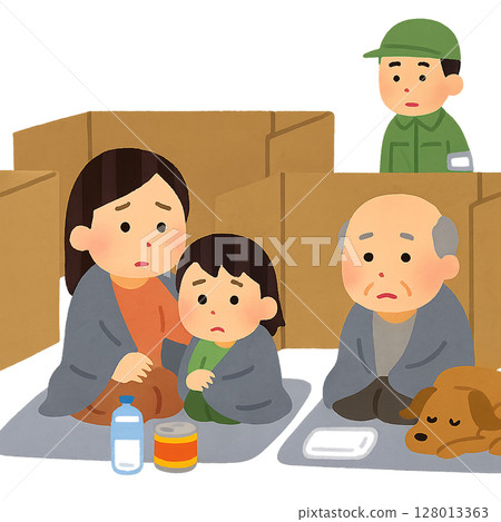 一家人坐在避難所的場景 一家人坐在避難所的場景 128013363