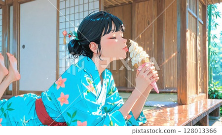 一位身穿浴衣的年輕女子，手裡拿著軟冰淇淋 128013366