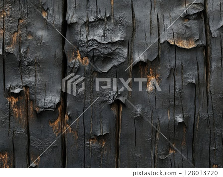 Charred Wood Texture: A Close-Up Look at Burned Wooden Surface 128013720