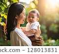 A woman holding a baby 128013831
