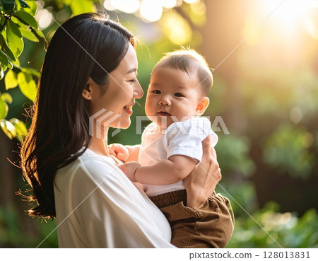 A woman holding a baby 128013831