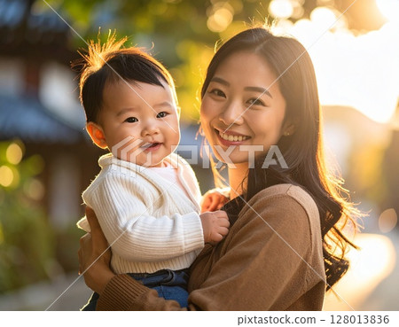 A woman holding a baby 128013836