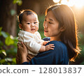 A woman holding a baby 128013837