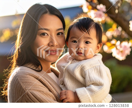A woman holding a baby 128013838