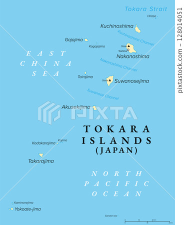 Tokara Islands, island group of Japan, political map. Archipelago in the Nansei Islands, part of the Satsunan Islands and the Ryukyu Archipelago, belonging to Toshima Village, Kagoshima Prefecture. 128014051