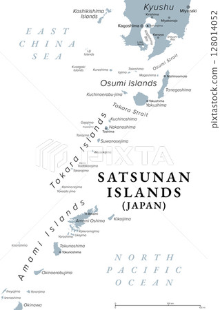 Satsunan Islands, Japan, gray political map. Japanese island group, forming the northern part of Ryukyu Islands, belonging to Kagoshima Prefecture, and consisting of Osumi, Tokara, and Anami Islands. Satsunan Islands, Japan, gray political map. Japanese island group, forming the northern part of Ryukyu Islands, belonging to Kagoshima Prefecture, and consisting of Osumi, Tokara, and Anami Islands. 128014052