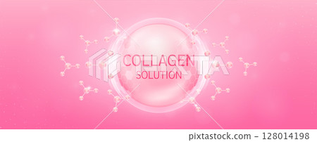 Collagen solution in transparent hexagonal dome with surrounding molecules atom pink. Banner for cosmetic products ads. Vitamins complex from nature. Medical health care skin protection. Vector EPS10. 128014198