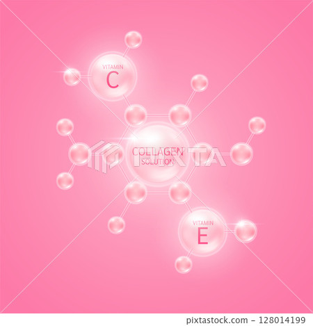 Collagen solution and vitamin C, E in molecules atom pink. For design cosmetics products. Vitamins complex from nature. Medical health care skin protection. 3D Vector EPS10. 128014199