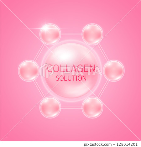 Collagen solution in molecules atom pink. For design cosmetics products. Vitamins complex from nature. Medical health care skin protection. 3D Vector EPS10. 128014201