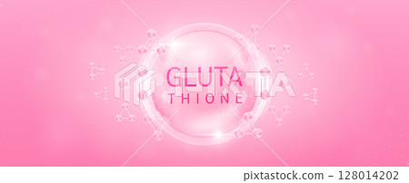Glutathione solution in transparent hexagonal dome with surrounding molecules atom collagen pink. Banner for cosmetic products ads. Medical health care skin protection. Vector. Glutathione solution in transparent hexagonal dome with surrounding molecules atom collagen pink. Banner for cosmetic products ads. Medical health care skin protection. Vector. 128014202