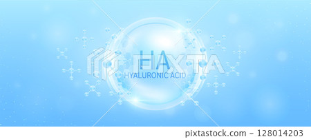 Hyaluronic acid solution in transparent hexagonal dome with surrounding molecules atom collagen blue. Banner for cosmetic products ads. Medical health care skin protection. Vector. 128014203