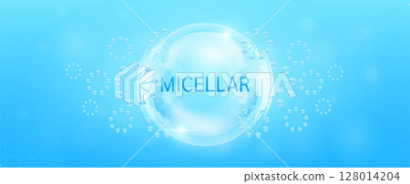 Micellar water in transparent hexagonal dome with surrounding molecules atom blue. Banner for cosmetic products ads. Facial cleanser, surfactant solution. Medical health care skin. Vector. 128014204