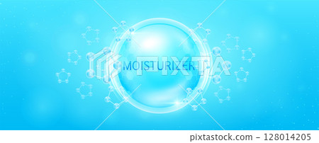 Moisturizing solution in transparent hexagonal dome with surrounding molecules atom collagen blue. Banner for cosmetic products ads. Medical health care skin protection. Vector. Moisturizing solution in transparent hexagonal dome with surrounding molecules atom collagen blue. Banner for cosmetic products ads. Medical health care skin protection. Vector. 128014205