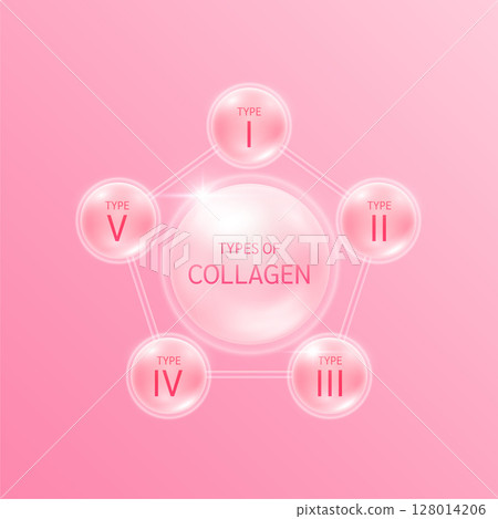 The five most common types of collagen protein. Main protein created connective tissues, cartilages, bones, nails, skin and hair. Medical and science concept. Vector EPS10. 128014206