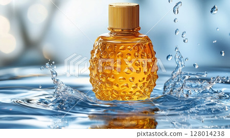 Gold sunscreen with blue background. 128014238