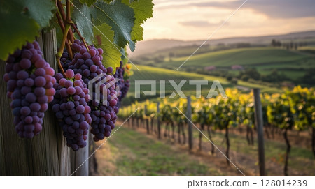 Vineyard at golden hour, heavy clusters of purple grapes hanging between wooden posts.  128014239