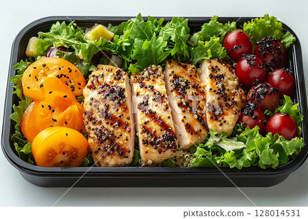 Packed office lunch box with quinoa salad, grilled chicken, mixed greens and fruit. 128014531