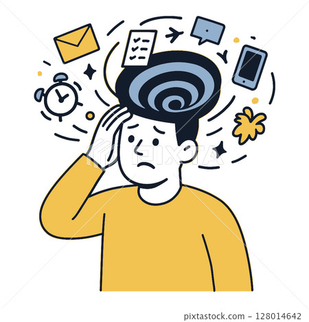 Feeling overwhelmed with thoughts and distractions, person holds their head in concern Feeling overwhelmed with thoughts and distractions, person holds their head in concern 128014642