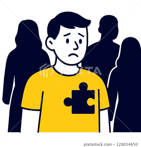 Young person wearing yellow shirt with puzzle piece design looks concerned among shadowy figures Young person wearing yellow shirt with puzzle piece design looks concerned among shadowy figures 128014650