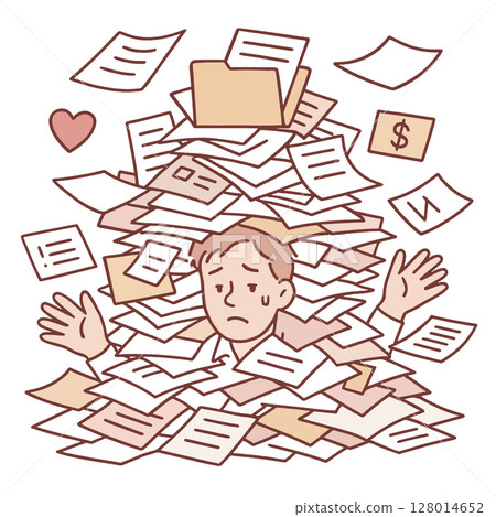 Overwhelmed person surrounded by paperwork, expressing stress and confusion 128014652