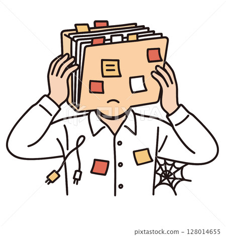 Overwhelmed person with files and sticky notes, feeling stressed and disorganized 128014655
