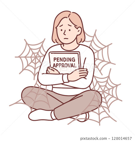 Person sitting with crossed arms, looking worried, surrounded by spider webs, holding sign that Person sitting with crossed arms, looking worried, surrounded by spider webs, holding sign that 128014657