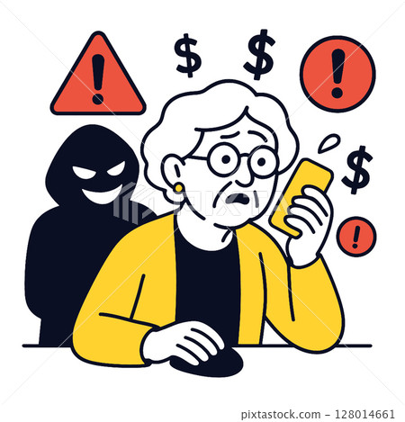 Elderly woman looks worried while holding phone, indicating potential scam. background features Elderly woman looks worried while holding phone, indicating potential scam. background features 128014661