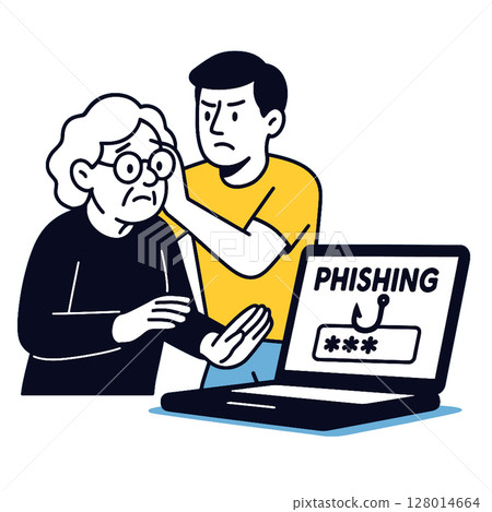 Illustration of concerned elderly woman and young man warning her about phishing scams Illustration of concerned elderly woman and young man warning her about phishing scams 128014664
