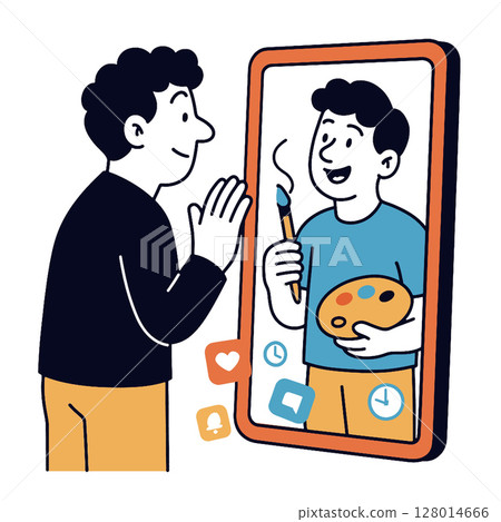 Creative person admiring their artistic reflection digital screen, expressing joy 128014666