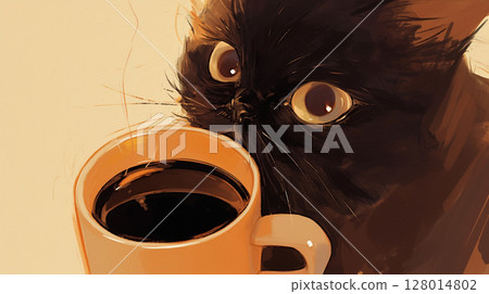 一隻好奇的黑貓盯著咖啡杯的插圖 128014802