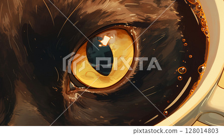 一隻好奇的黑貓盯著咖啡杯的插圖 一隻好奇的黑貓盯著咖啡杯的插圖 128014803