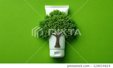 Eco-Friendly Skincare Concept with Tree Design on Green Background Eco-Friendly Skincare Concept with Tree Design on Green Background 128014824