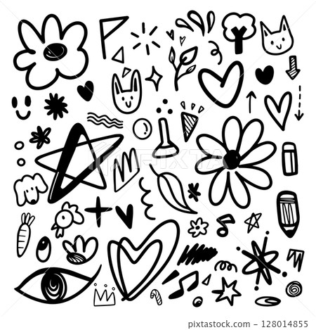 Doodle hand drawn outline for illustration. Element of flower, heart, cat, rabbit, sparkle and abstract Doodle hand drawn outline for illustration. Element of flower, heart, cat, rabbit, sparkle and abstract 128014855
