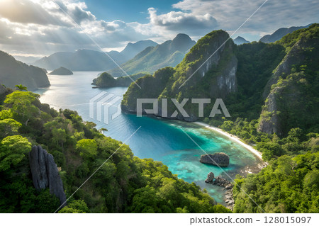 panorama of tropical beach at sunset panorama of tropical beach at sunset 128015097