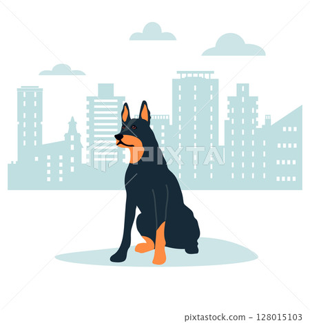 Doberman dog sitting against urban cityscape, minimalist illustration, suitable for background Doberman dog sitting against urban cityscape, minimalist illustration, suitable for background 128015103
