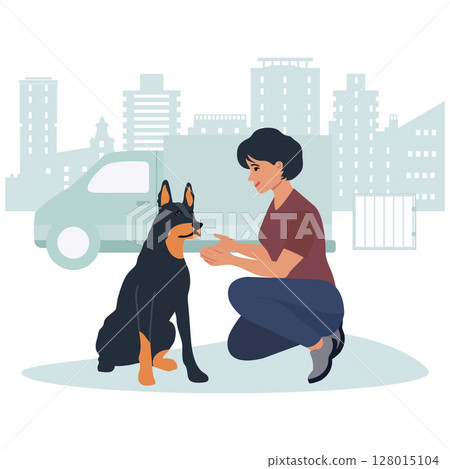 Woman kneeling and interacting with dog in urban setting with buildings and vehicle in background Woman kneeling and interacting with dog in urban setting with buildings and vehicle in background 128015104