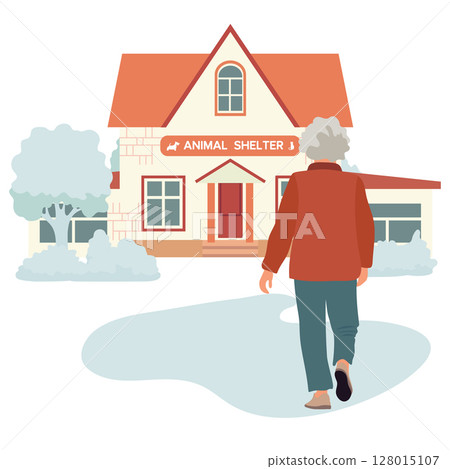 Elderly woman approaching animal shelter with trees and house in the background 128015107